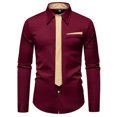 thumbnail image 4 of Mens Dress Shirt Solid with Fake Tie Long Sleeve Slim Fit Formal Stand Collar Shirt for Work Wine XL, 4 of 9