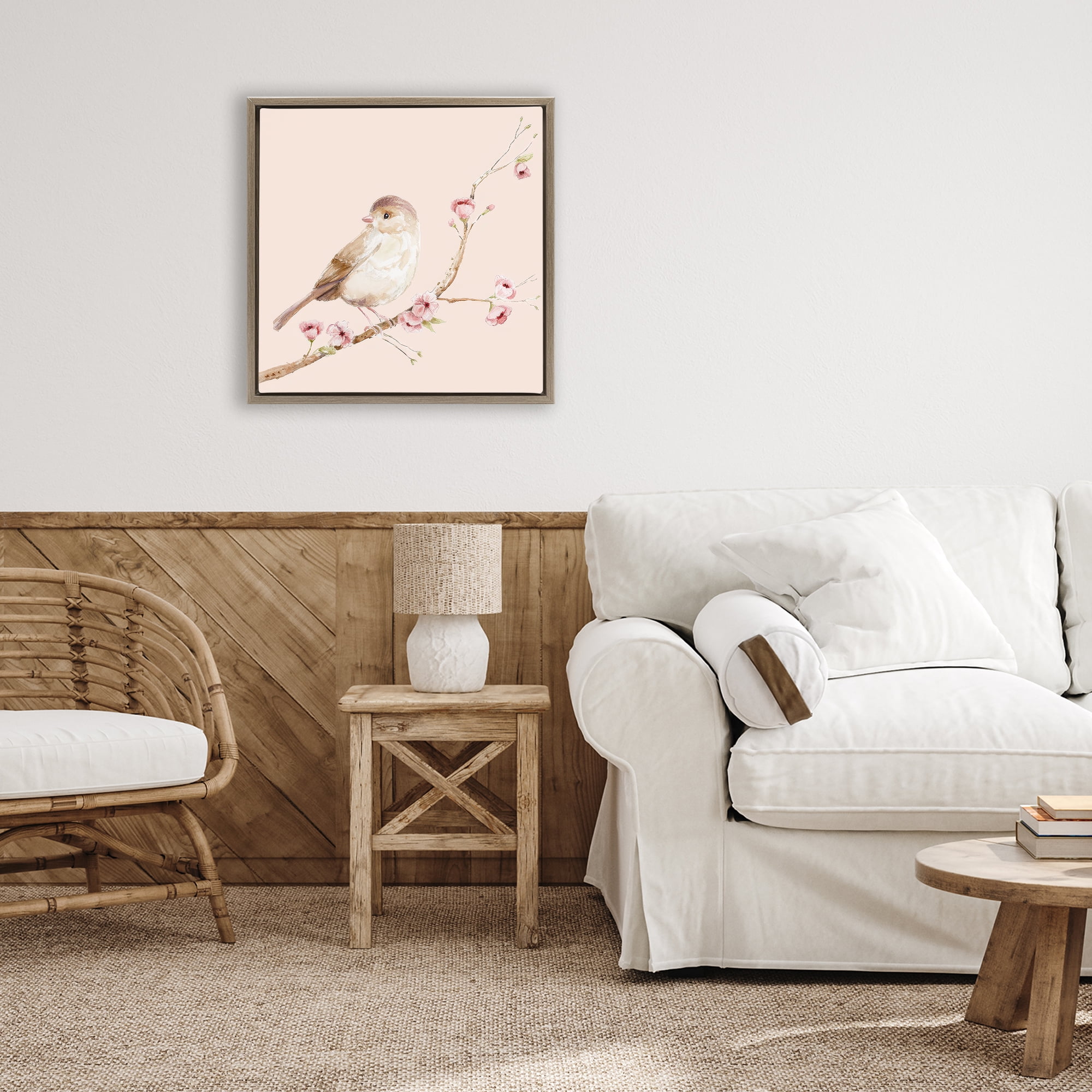 Sweet Brown Bird Perched Brown Framed Floater Canvas Wall Art, design by Lisa Wehmeyer