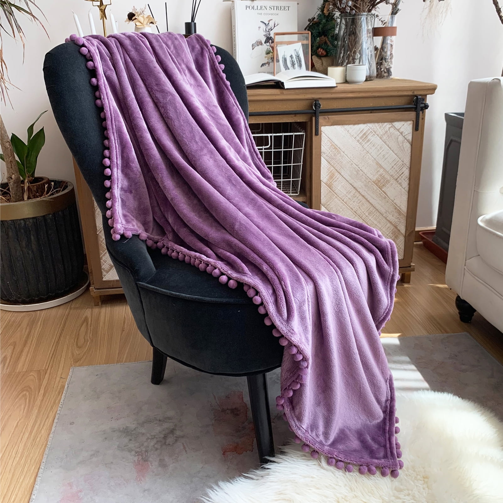 Lomao flannel blanket with pompom fringe lightweight cozy bed blanket soft throw blanket fit couch sofa suitable for all season sale
