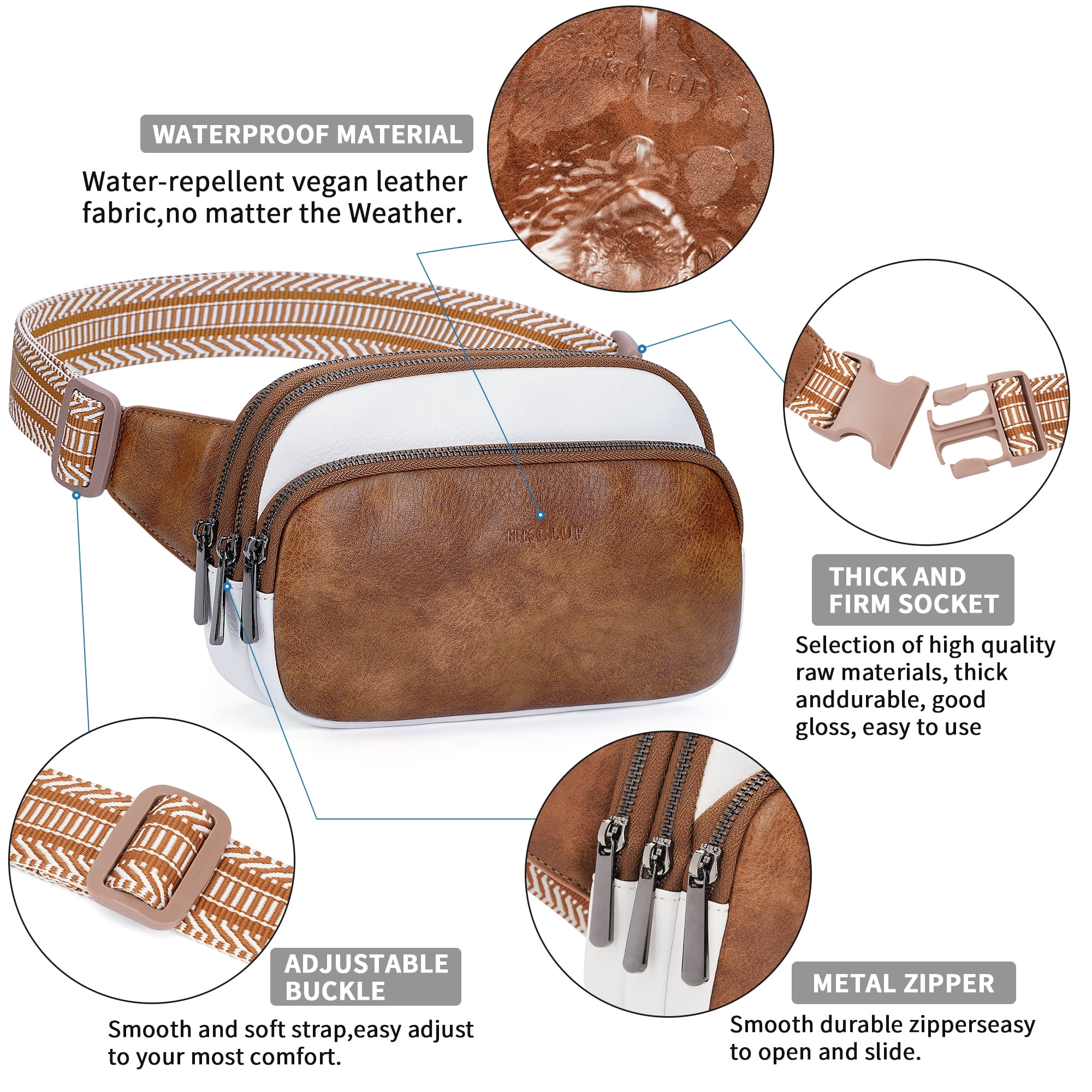HKCLUF Belt Bag for Women Vegan Leather Mini Belt Bag With Adjustable Strap Unisex Triple Zip Small Cross Body Fanny Pack