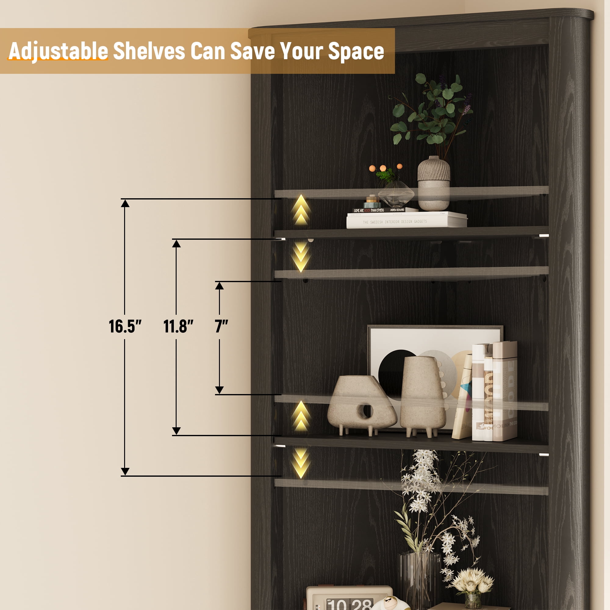 68" Tall Fluted Corner Cabinet for Bathroom, Modern Living Room & Kitchen - 5 Adjustable Shelves, Space-Saving Black Storage, Curved Profile Design