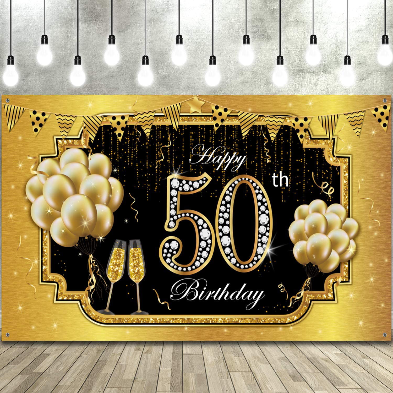Large Happy 50th Birthday Decoration Banner 50th Birthday Party Decorations Supplies Black and Gold Happy 50th Birthday Banner Sign 9.8x1.6ft 