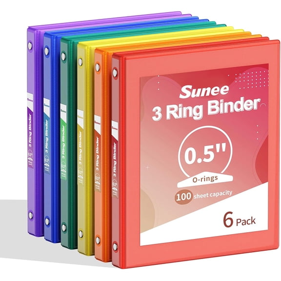 1/2 Inch Binders 3 Ring 6 Pack, 3 Ring Binders Half Inch Clear View PVC-Free (Fit 8.5x11 Inches) for School Binder or Office Binder Supplies, Classic 6 Colors