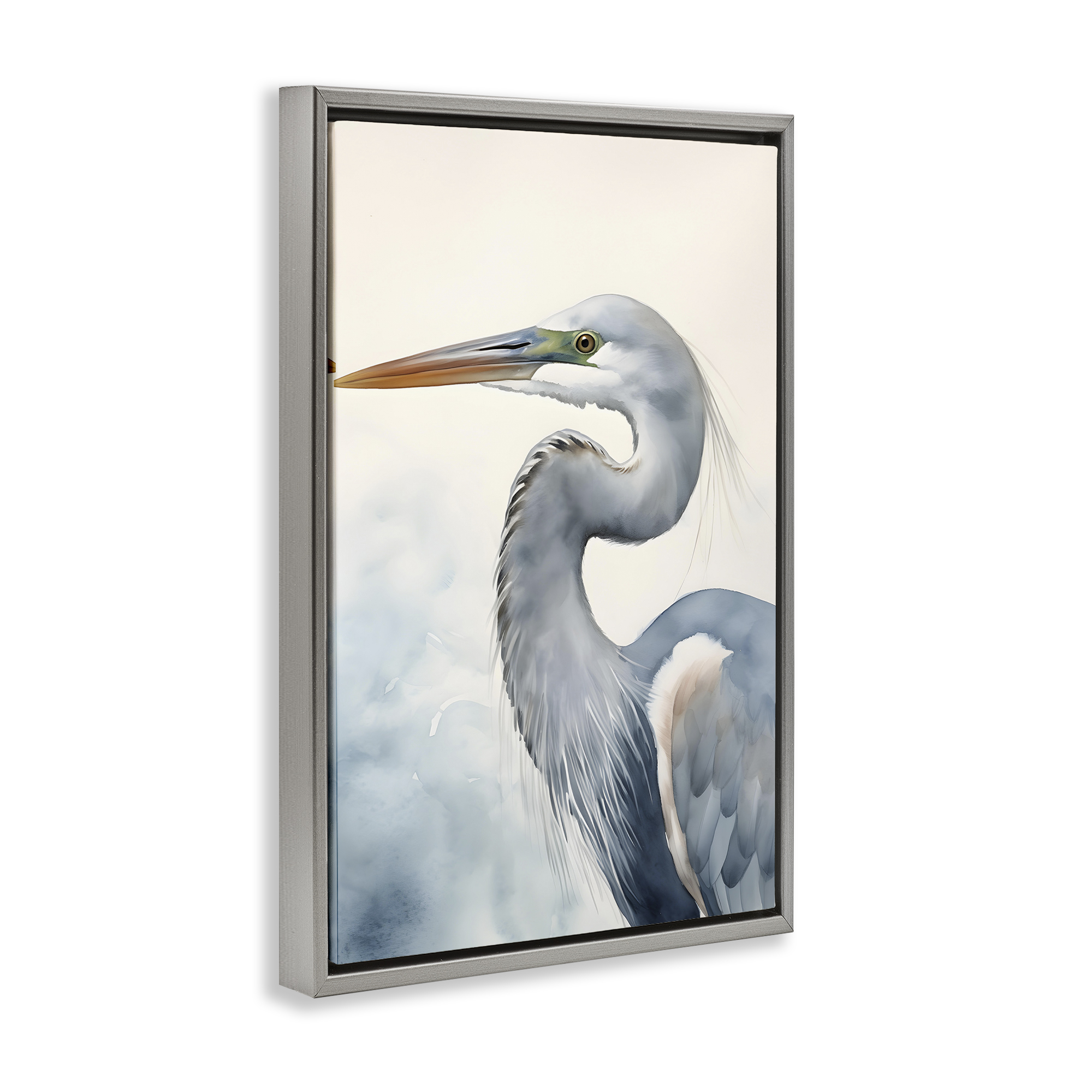 Stupell Industries Quiet Heron Looking Left Animals & Insects Painting Gray Floater Framed Canvas Art Print Wall Art, 17 x 25