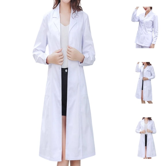 Womens Long Sleeve Lab Coat Scrub Jacket Medical Uniform Multi Pocket Easy Care Lightweight Workwear White XL