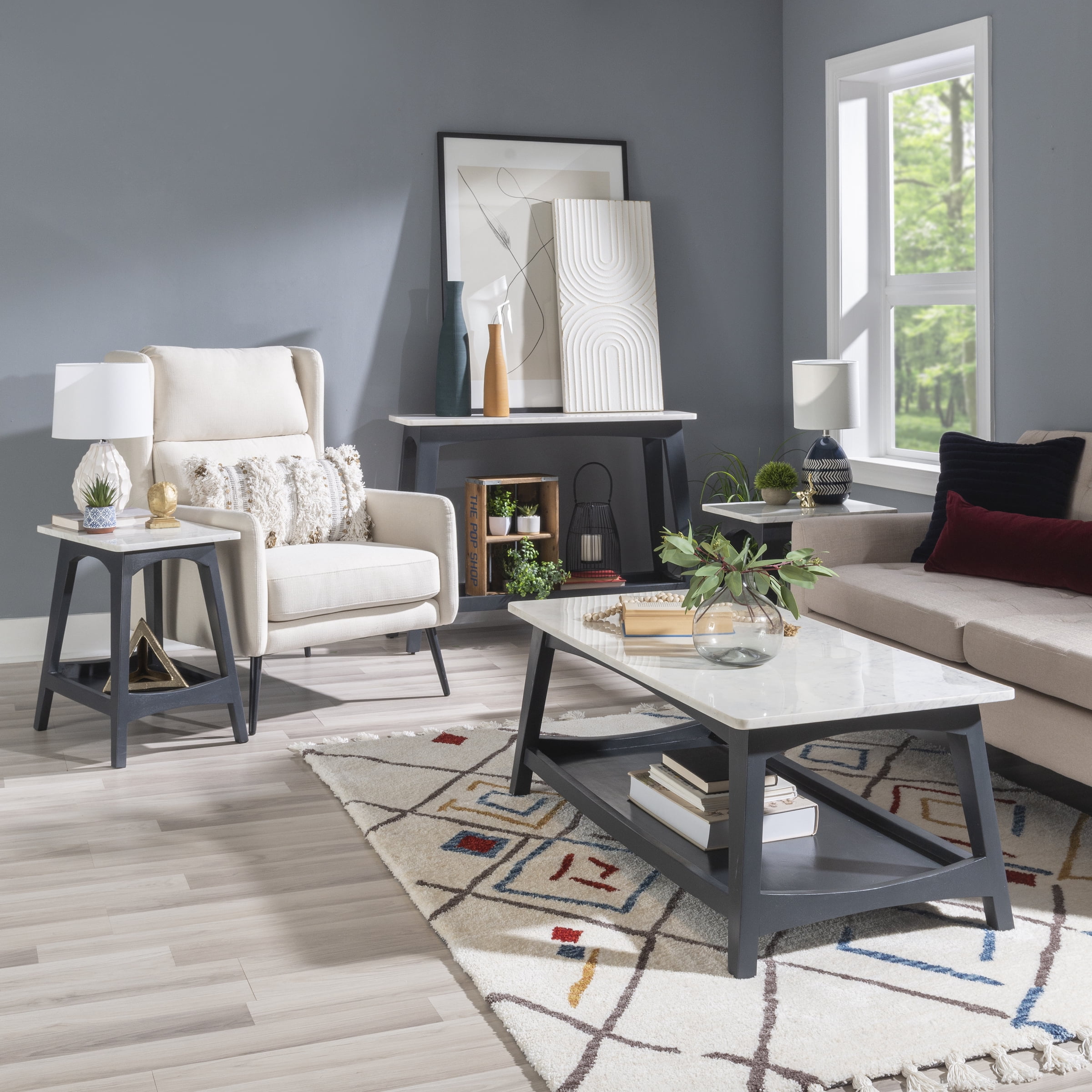 Powell Andover Indoor Modern Coffee Table with Shelf, Gray Wash/White Faux Marble