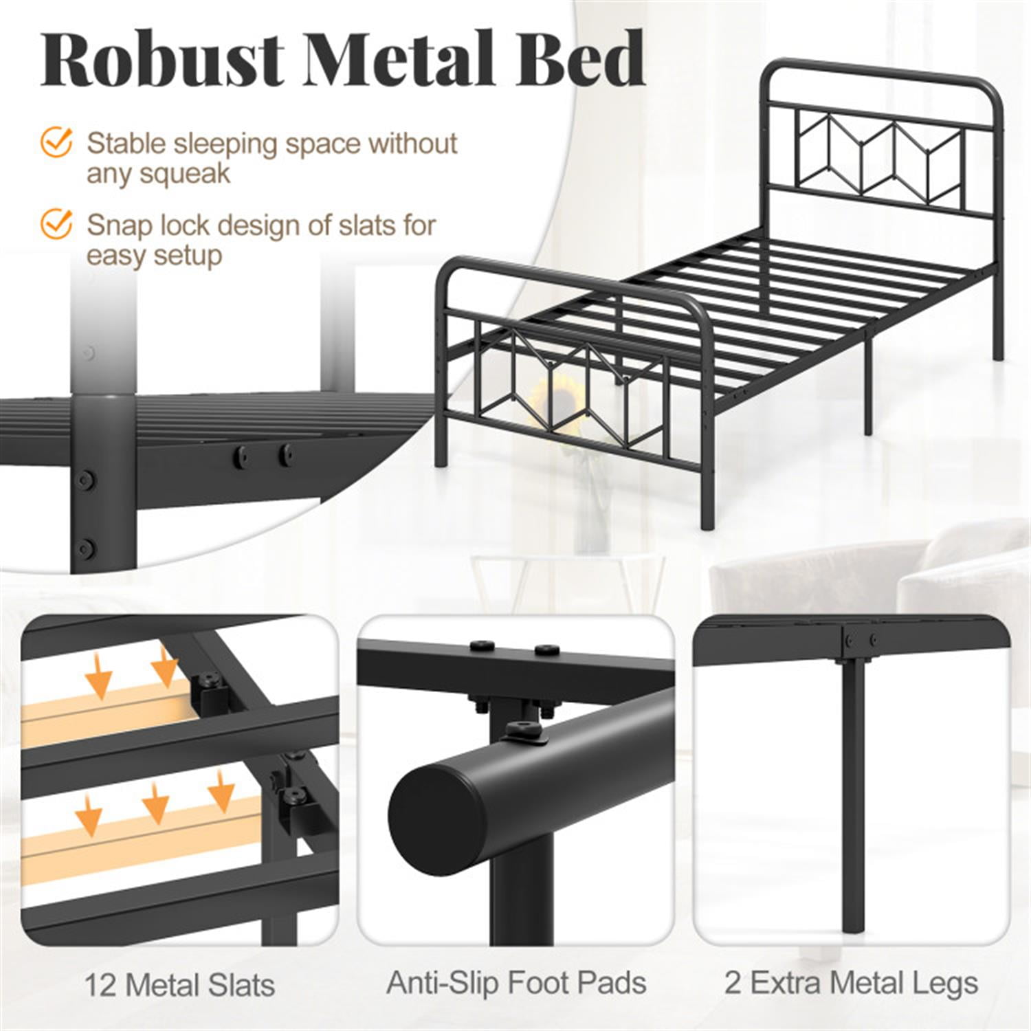 Demi Bonn Twin Size Bed Frame with High Headboard and Snap Lock Metal Slats, Platform Bed Frame with Under Bed Storage, No Box Spring Needed, Black