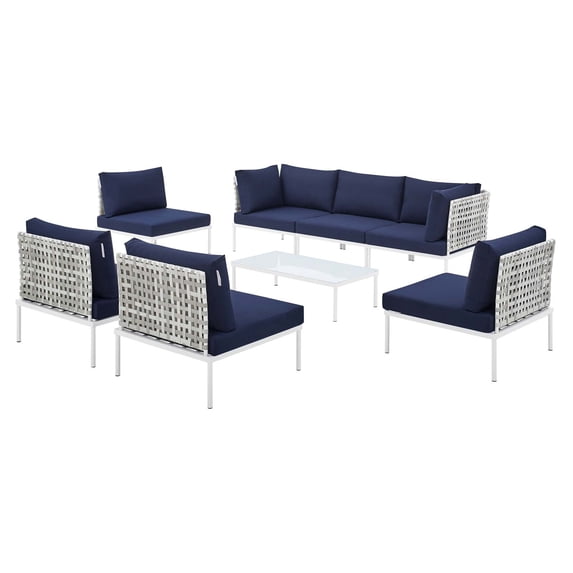 Lounge Sectional Sofa Chair Table Set, Sunbrella, Aluminum, Metal, Steel, Blue Navy, Modern Contemporary Urban Design, Outdoor Patio Balcony Cafe Bistro Garden Furniture Hotel Hospitality