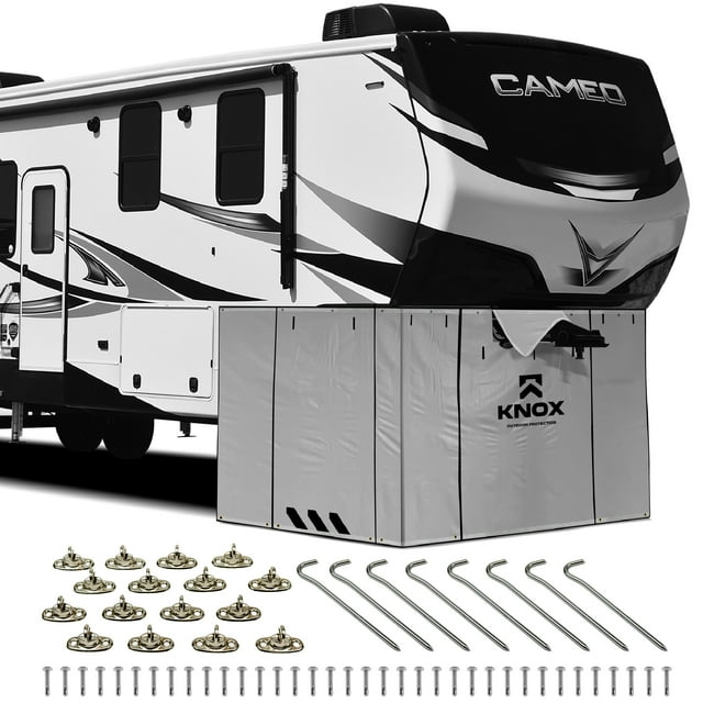 KNOX Jupe RV, Protection Toutes Saisons Jupe 5e Roue avec Attaches Torsadées, Jupe RV Anti-Déchirure avec Bandes Réfléchissantes, Panneaux Zippés, Rangement Hiver Anti-UV Accessoires RV 5e Roue, 5.5x22.1-Ft