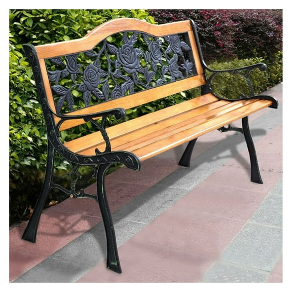 Outdoor Garden Bench Chair Wooden Loveseat with Iron Armrest - 49.5" Patio Bench for Backyard, Porch, 463lbs Capacity, Weather Resistant, Easy Assembly