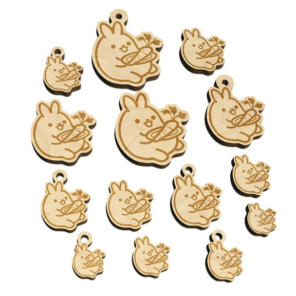 Cute Kawaii Bunny Rabbit Eating a Carrot for Lunch Wood Mini Charms Shapes DIY Craft Jewelry - With Hole - Various Sizes (16pcs)