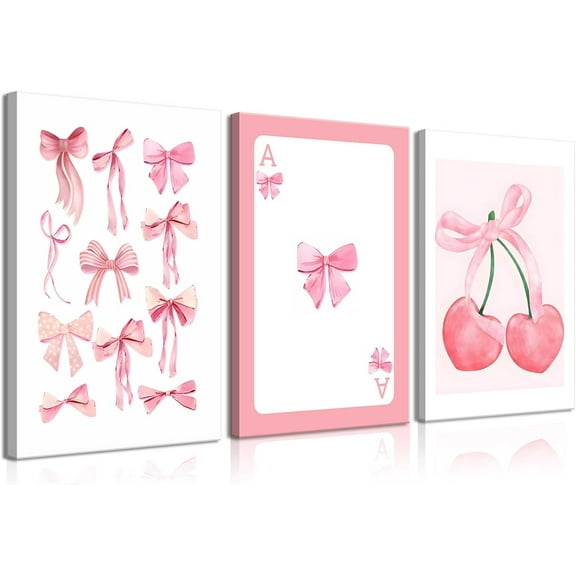 3Pcs Trendy Pink Bows Canvas Wall Art Preppy Watercolor Bows Wall Decor Pictures Girly Coquette Room Decor Aesthetic Posters Prints for College Apartment Bedroom Decoration 12x16in