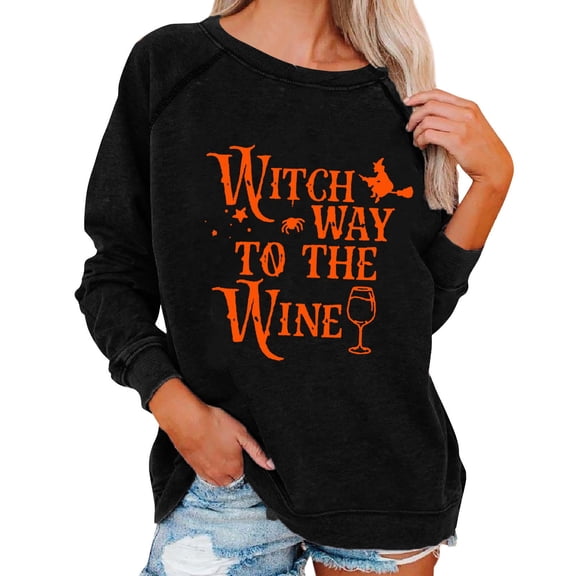 Towmus Funny Halloween Shirt For Women Long Sleeve Cute Graphic T Shirts Letter Print Casual Loose Sweater Black