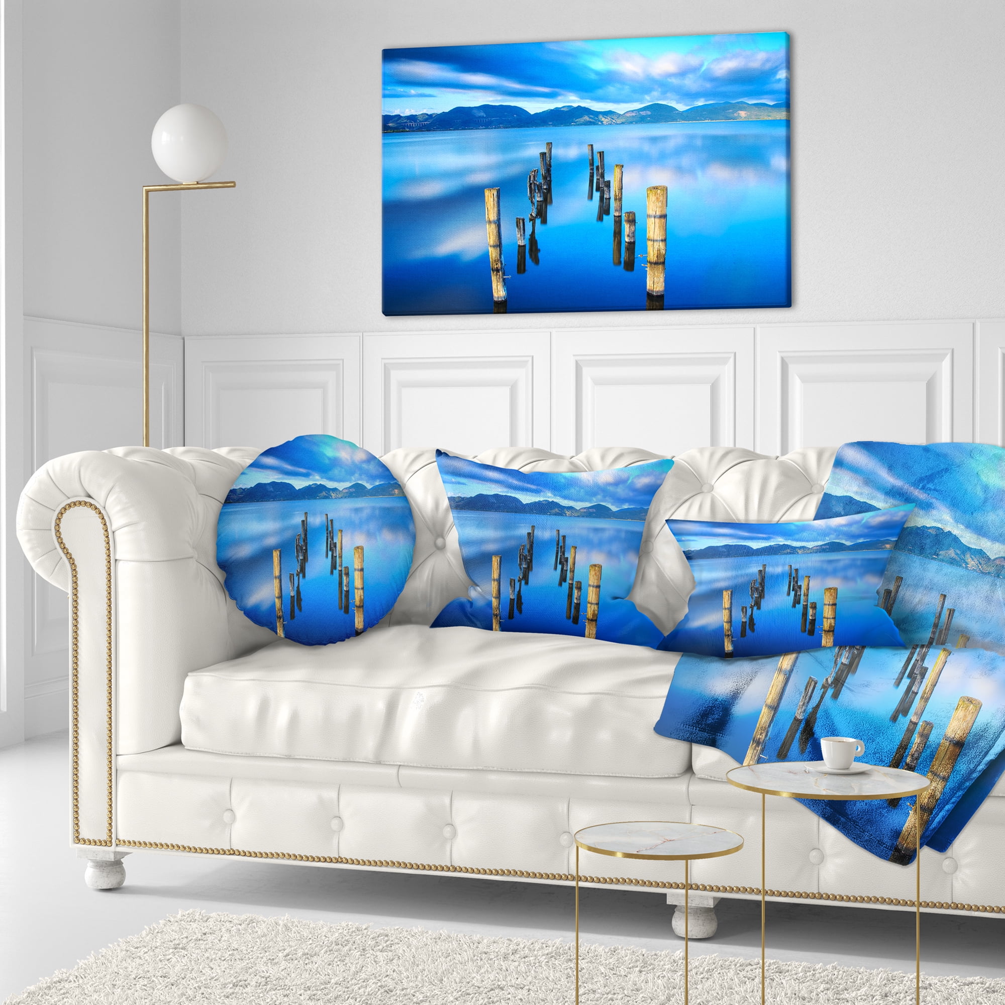 Designart Wooden Pier Remains in Blue Sea - Seascape Throw Pillow - 12x20
