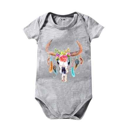 

HIBRO Boys And Girls Summer Solid Color Western Style Cartoon Bull Head Short Sleeved Crawl Clothes 0 To 24 Months Kids New Born Girls Dress 12 Months Old
