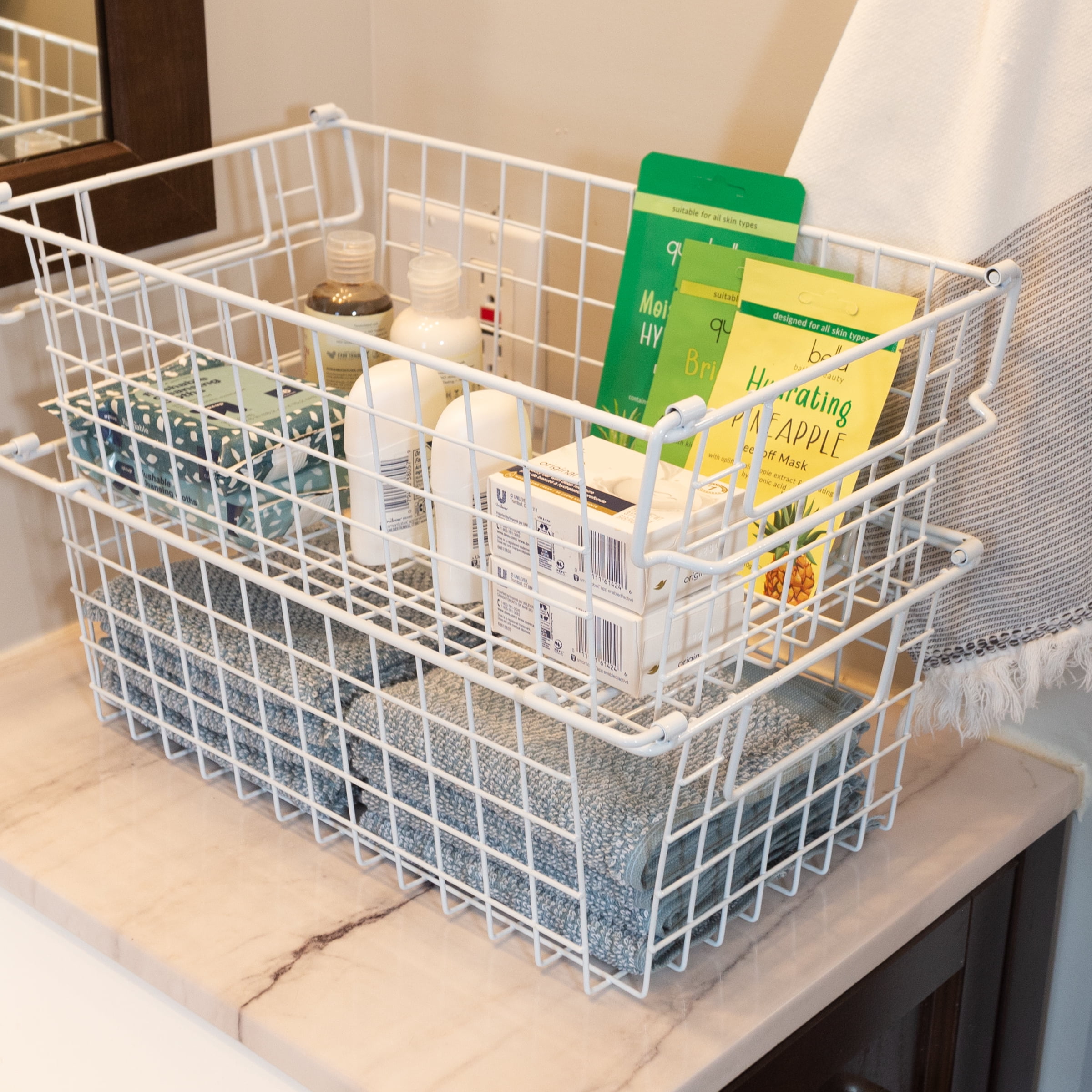 Set of 2 Storage Bins - Basket Set for Toy, Kitchen, Closet, and Bathroom Storage - Medium Shelf Organizers with Handles by Home-Complete (White)