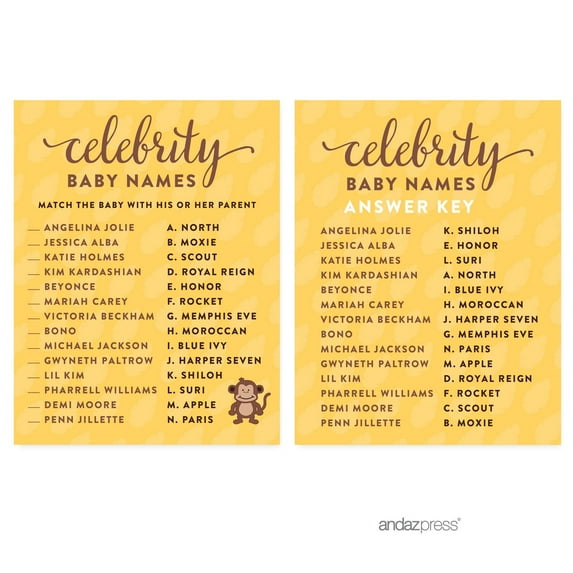 Celebrity Name Game Jungle Safari Baby Shower Games, 20-Pack