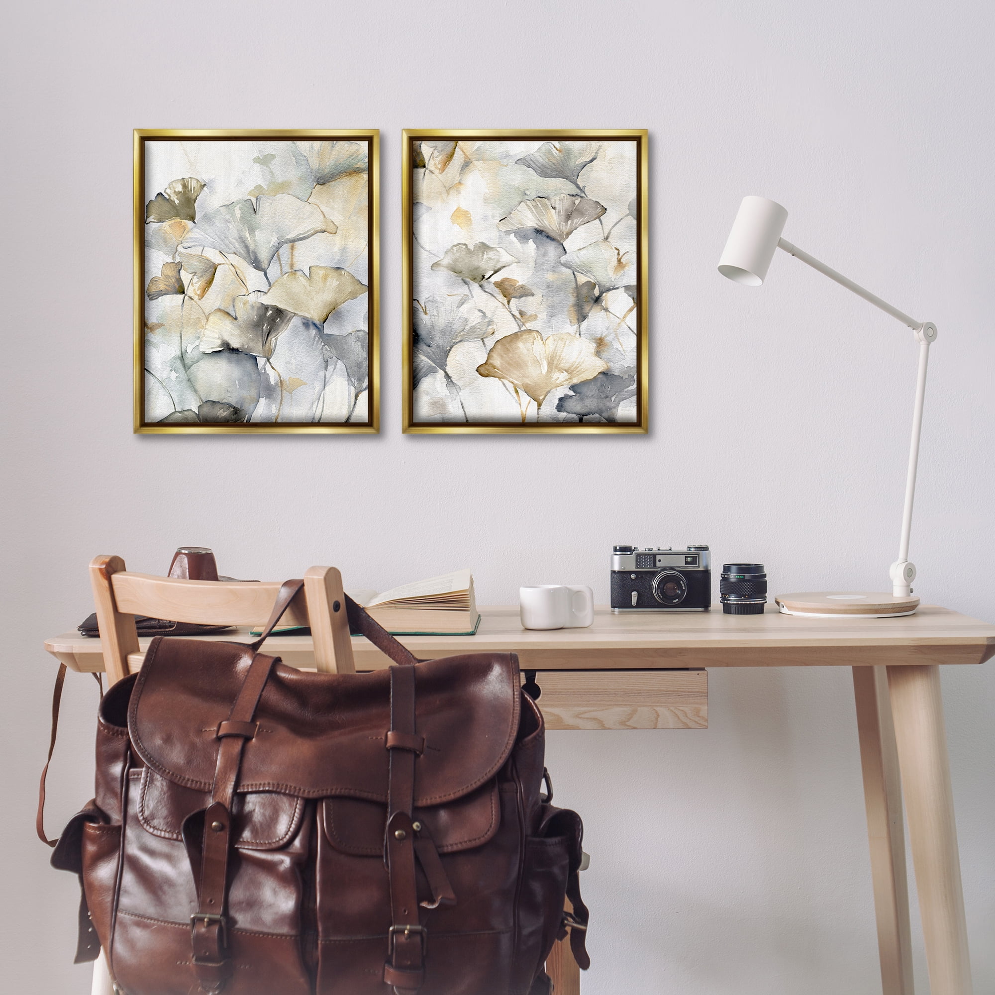 Stupell Industries Gingko Leaves in Layers Plants & Flowers Painting Gold Floater Framed Canvas Art Print Wall Art, 17 x 21, Set of 2