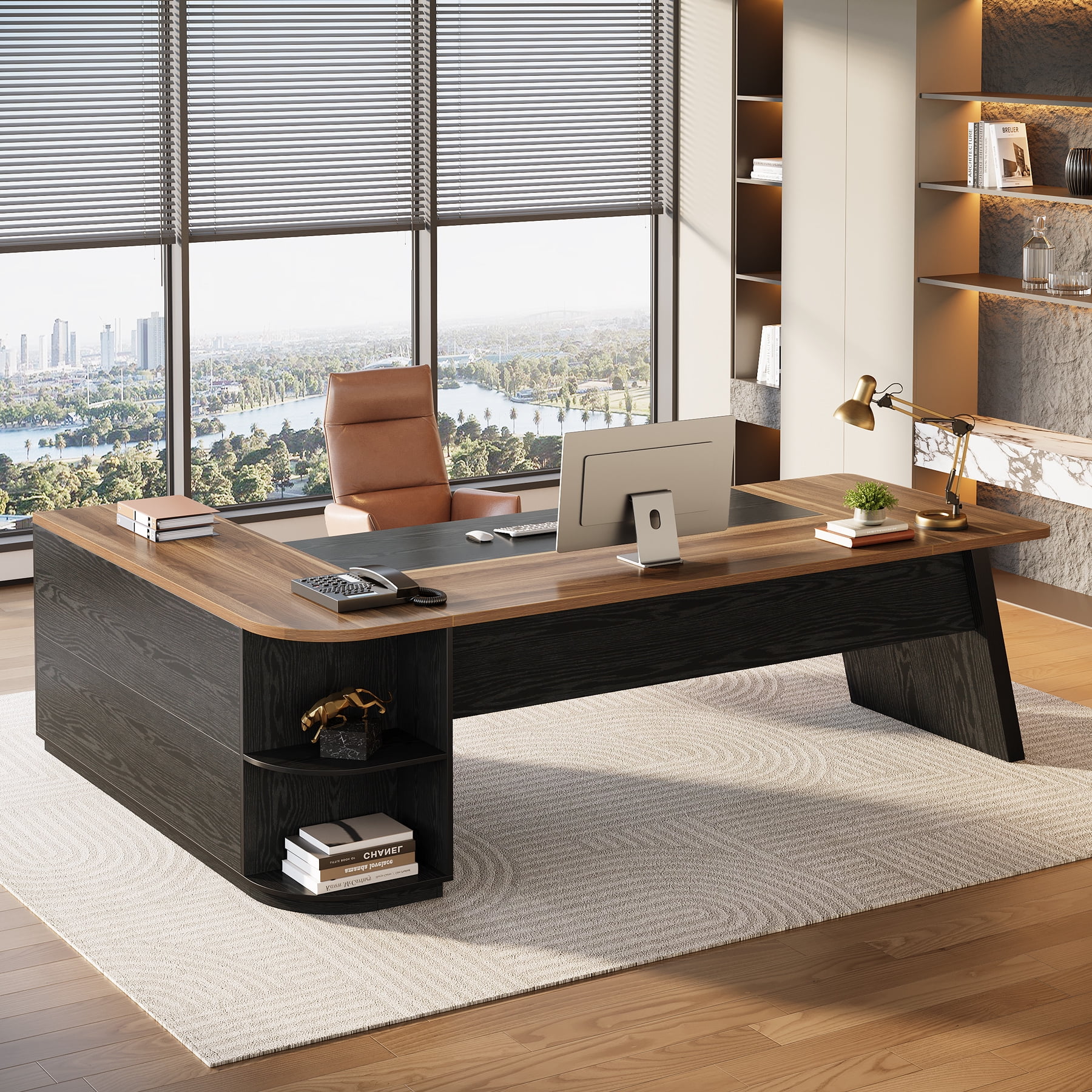 Finmind Executive Desk with Cabinet, 79-Inch L-Shaped Computer Table with Storage Shelves, Office Desk for Home Office, Brown and Black