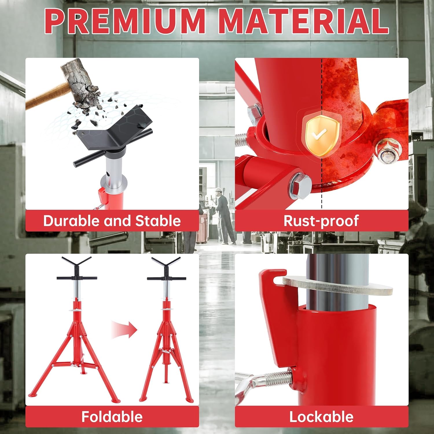 KOJEM V-Head Jack Stand Adjustable Height 28"-52" Folding Pipe Stand 2500 lbs Load Capacity Portable Steel Stability Stand