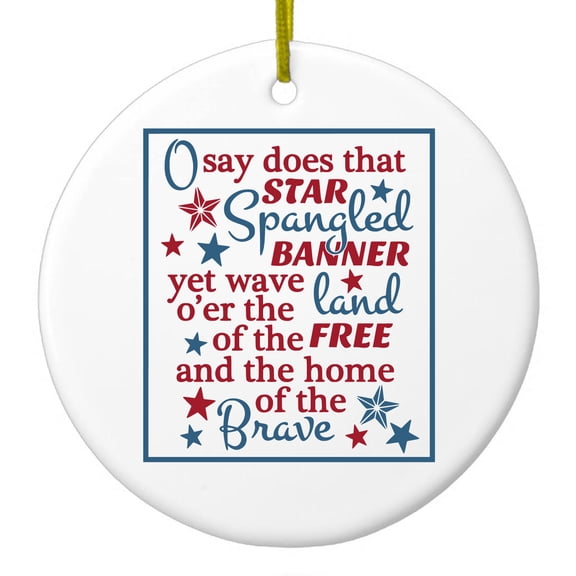 DistinctInk Hanging Ceramic Christmass Tree Ornament with Gold String - Great Gift / Present - 2 3/4 inch diameter - Star Spangled Banner Word Art