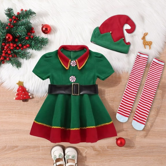 Generic Festive Holiday Apparel Christmas Girls Lapel Short Sleeved Dress Belt Hat Striped Stocking Set 4 Piece for 2024 New Vintage Holiday Party Clothing(1-2 Years,Green)