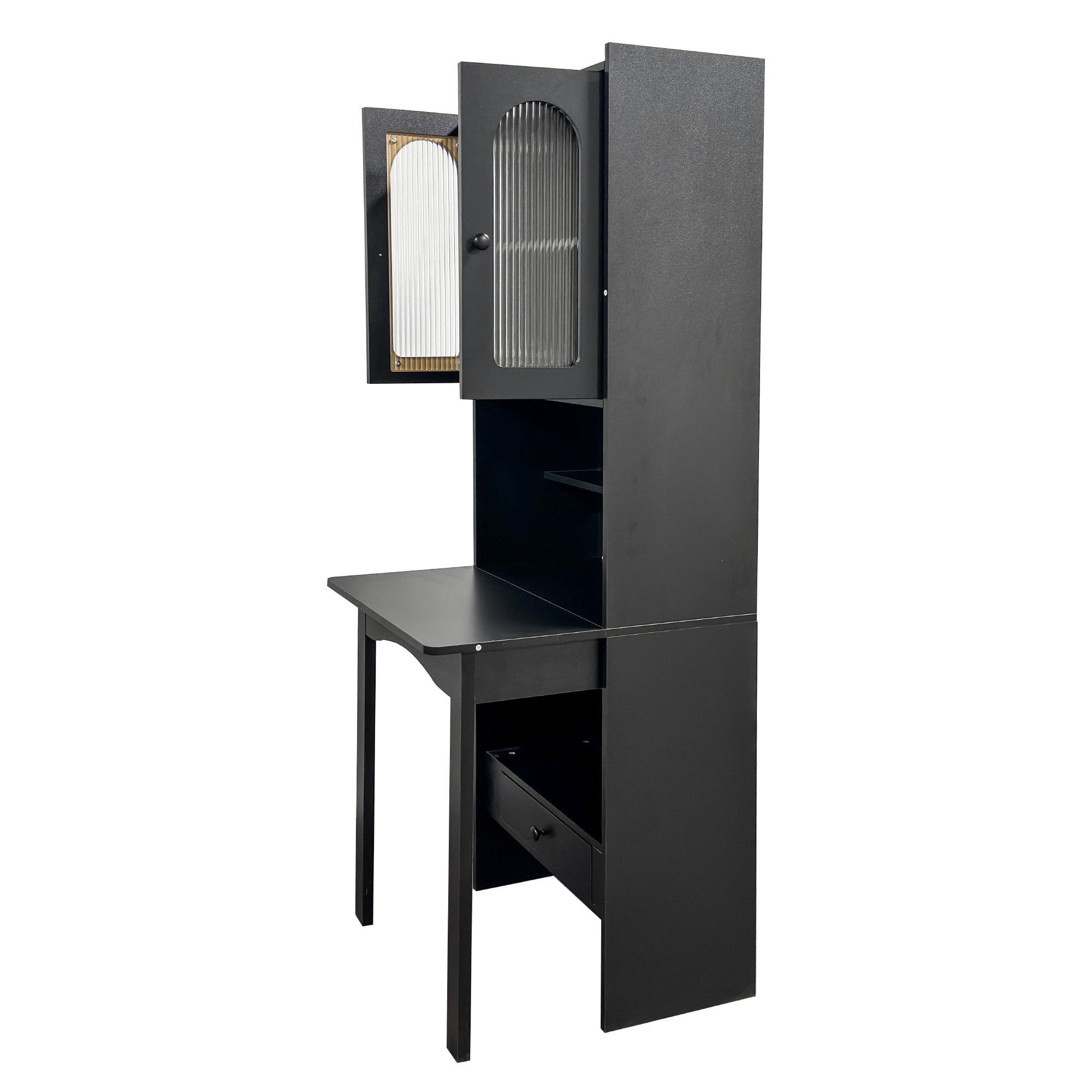DEALTOPS 70.9-Inch Slim Fold-Out Desk Cabinet with Bookshelf and Drawer, Convertible Writing Desk, Black