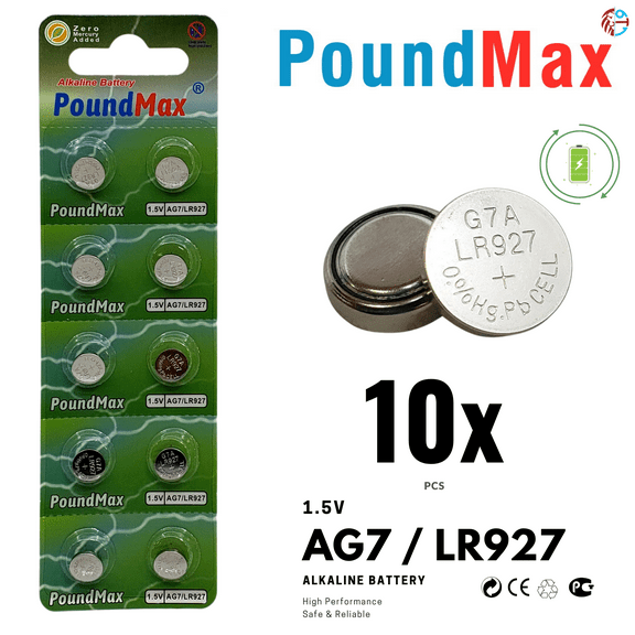 PoundMax AG7 LR927 Batteries 1.5v Alkaline Button Cell Battery - 10 Count