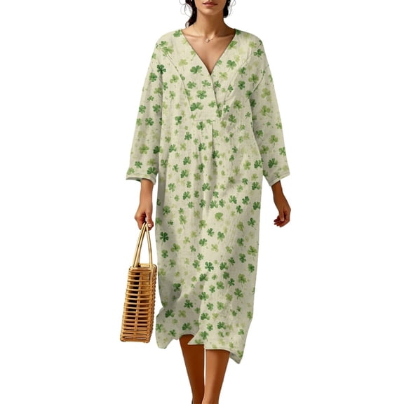 DISNIMO Womens Summer Dresses Leaf Print Linen Style Casual Loose Maxi Dress V Neck Loose Dresses Fashion 3/4 Sleeve Dress for Women, S