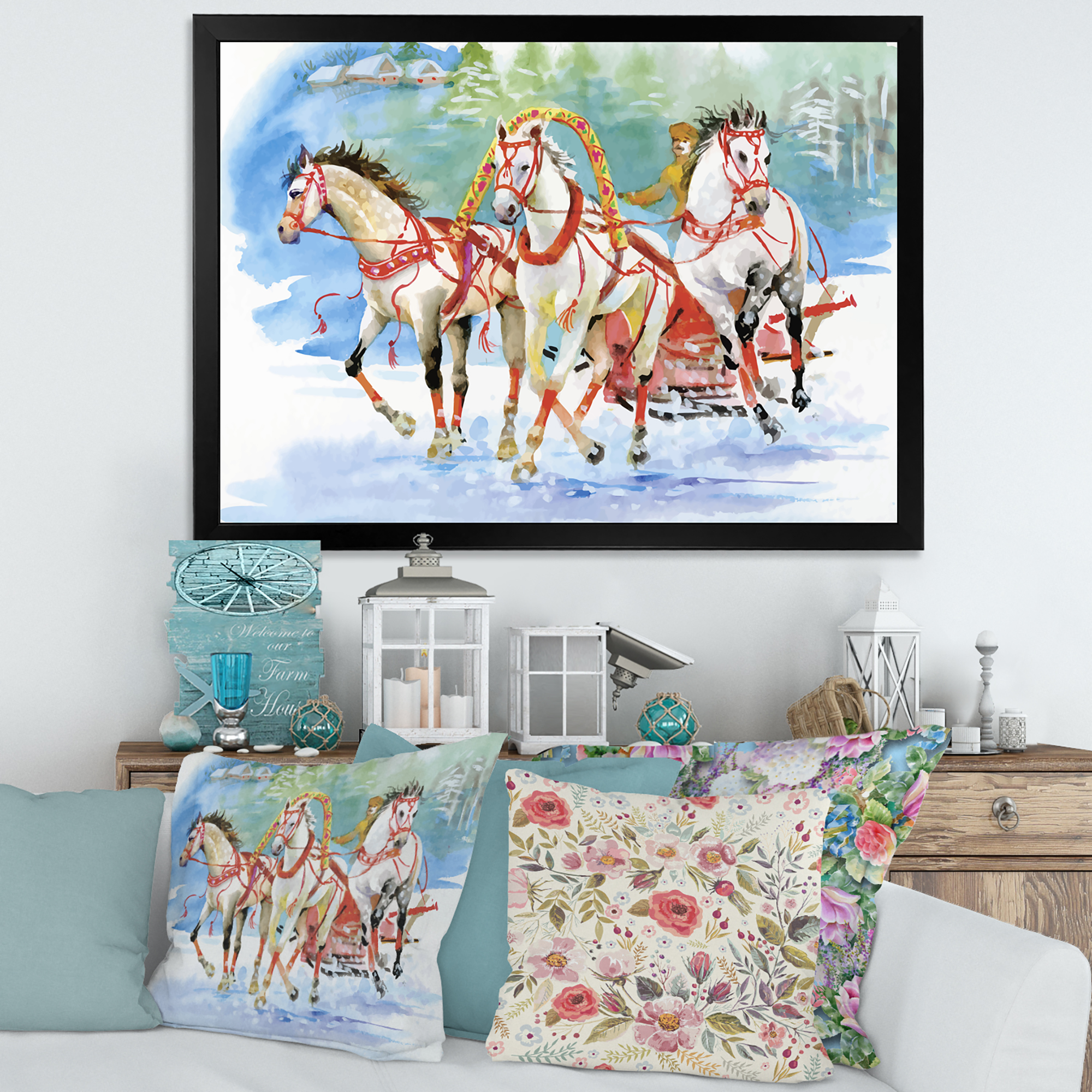 Designart 'Carriage In The Snow With Galoping Horses' Farmhouse Framed Art Print