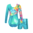thumbnail image 2 of iiniim Kids Girls 2Pcs Gymnastics Dance Long Sleeve Leotards with Shorts Athletic Biketards Unitards Blue Green 8, 2 of 7