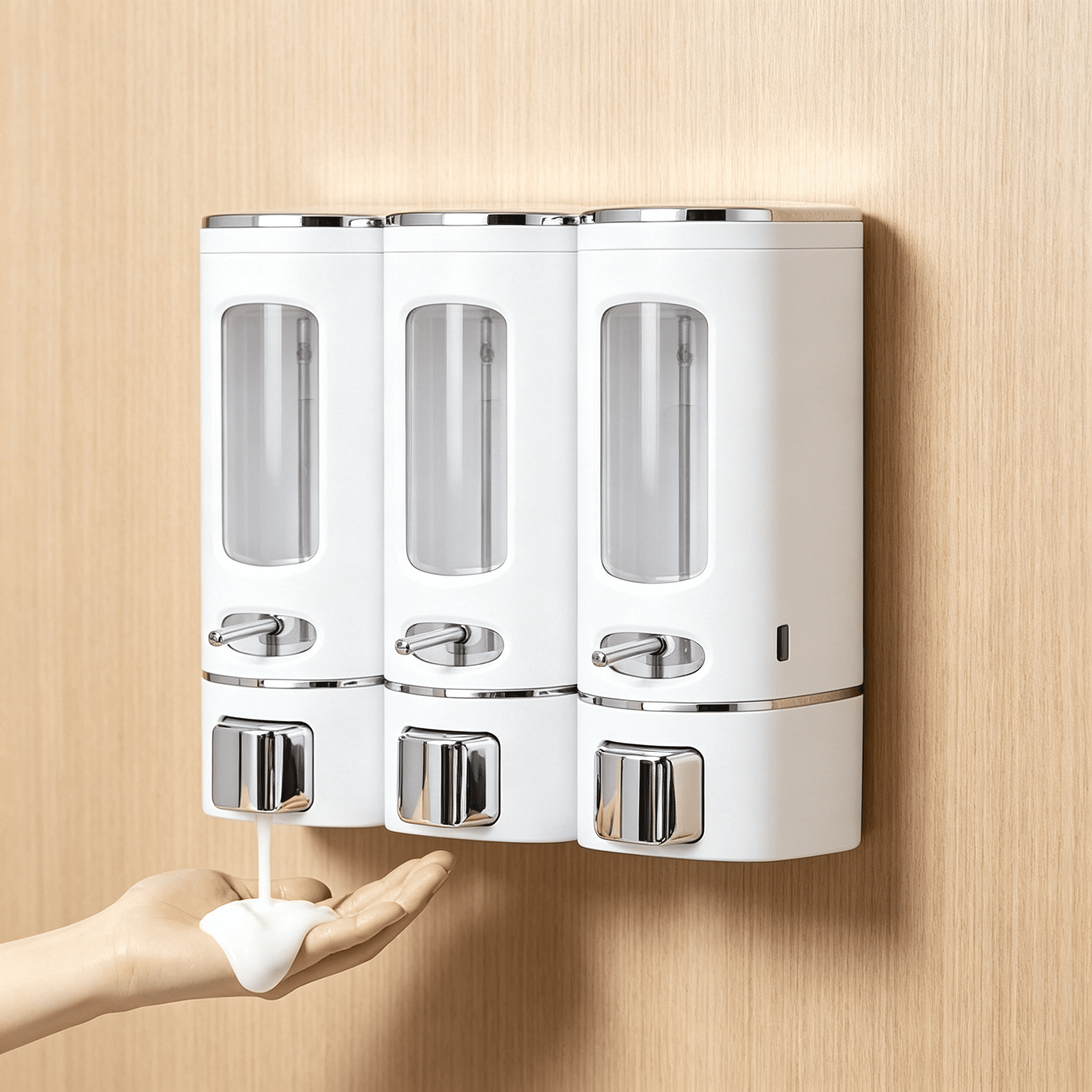 ACDANC 2026 New Soap Dispenser Bathroom Wall Mounted Shower Shampoo Dispenser 3 Chamber No Drill Triple Shower Soap Dispenser Set Pump Dispenser for Shower Gel Body Wash Dispenser White