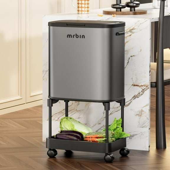 MRBIN Stainless Steel Tall Kitchen Trash Can with Shelf and Wheels, High Legs 36L / 9.5gal Press Top Narrow Waste Basket, Slim Lidded Litter Garbage Bin Pet Proof for Vanity, Bedroom, Eclipse Grey