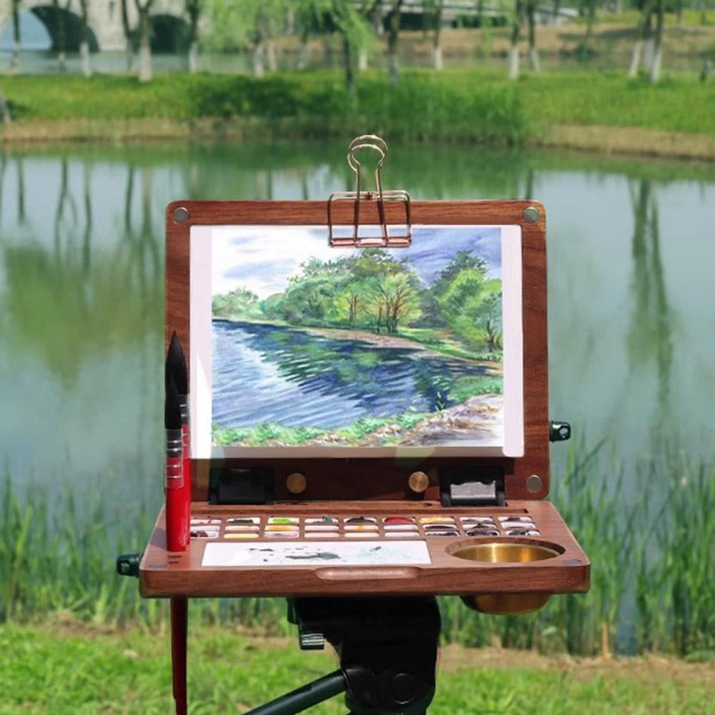 Wooden Watercolor Palette, Multifunctional Empty Black Walnut Palette Box Travels Outdoors as an Easel, and a Palette Watercolor Paint Palette with 27 Wells,Brush Slot and Holders, Cleaning Cup