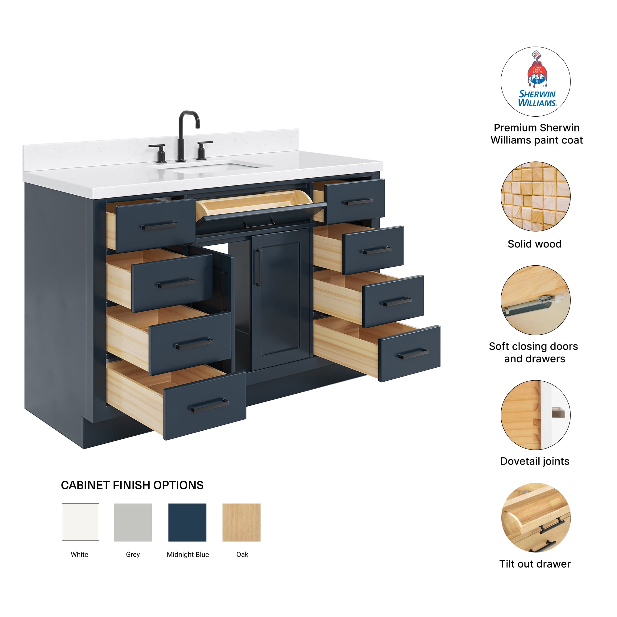 ARIEL Hepburn 54" Midnight Blue Bathroom Vanity, 1.5" Edge Carrara Quartz Countertop & Splash, Single Rectangular Sink, 2 Soft Closing Doors, 9 Full Extension Dovetail Drawers, Toe Kick, Matte Black