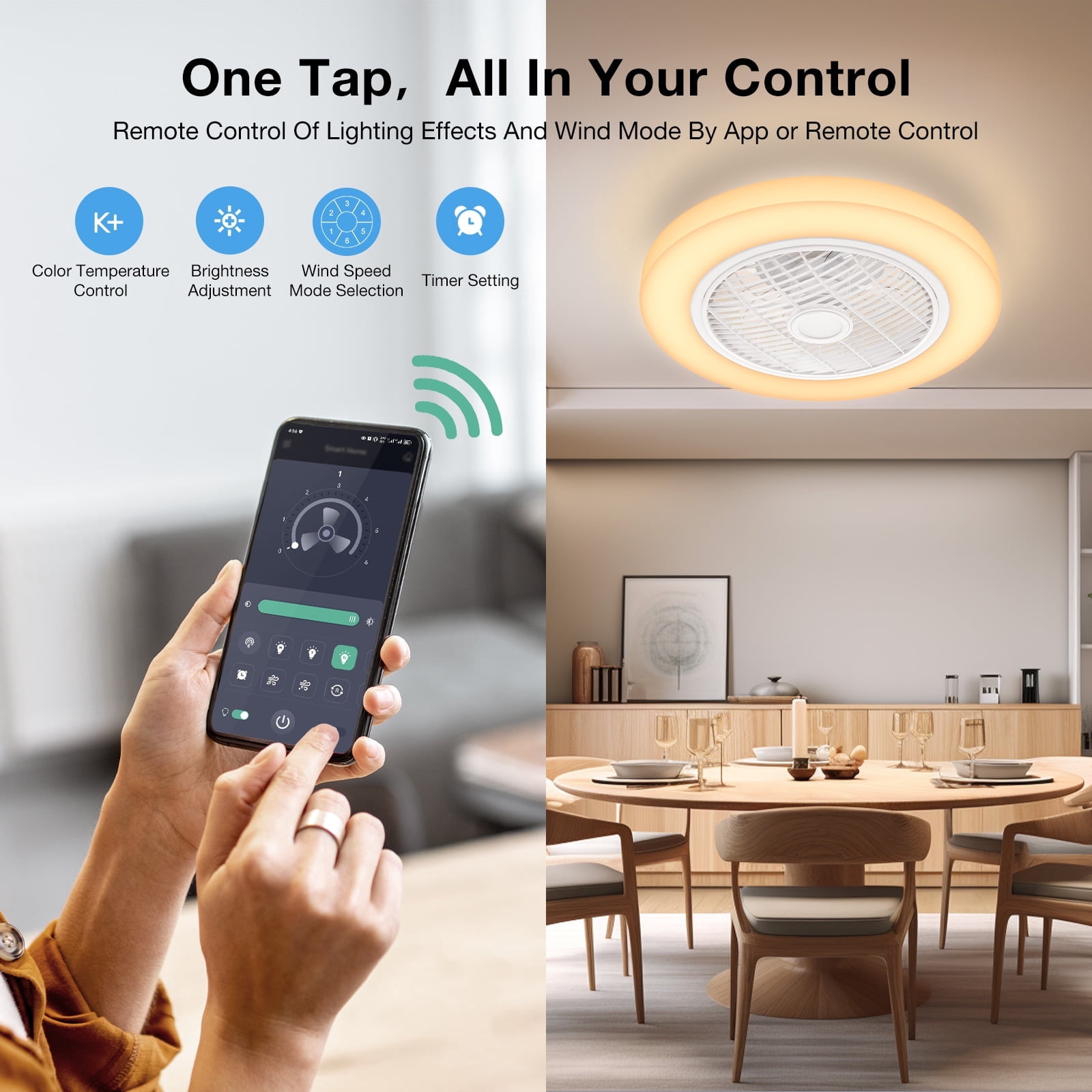 BLITZWILL 21in Ceiling Fan with Light, 6-Speed Reversible, Dimmable LED Timing with Remote & APP Control, Modern Bladeless Flush Mount Ceiling Fan, White