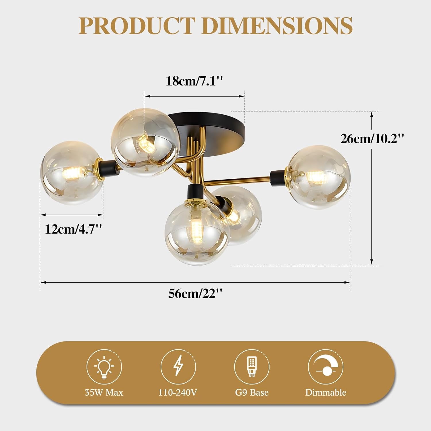 KCO Lighting 5-Light Mid-Century Modern Glass Globe Semi Flush Mount Ceiling Light, Black and Gold Ceiling Lamp