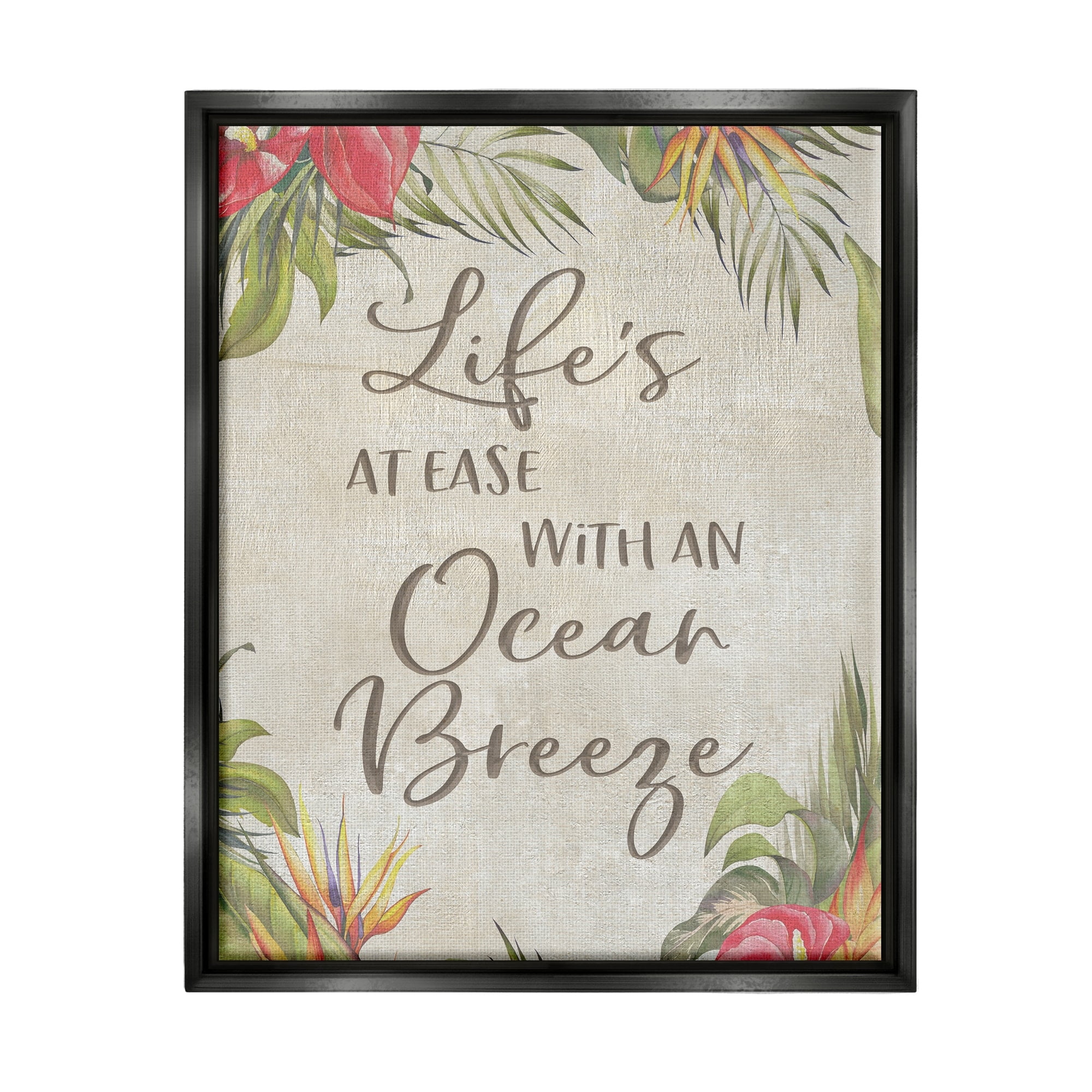 Stupell Industries Tropical Ocean Breeze Floral Border Summer Phrase Graphic Art Luster Gray Floating Framed Canvas Print Wall Art, Design by CAD Designs