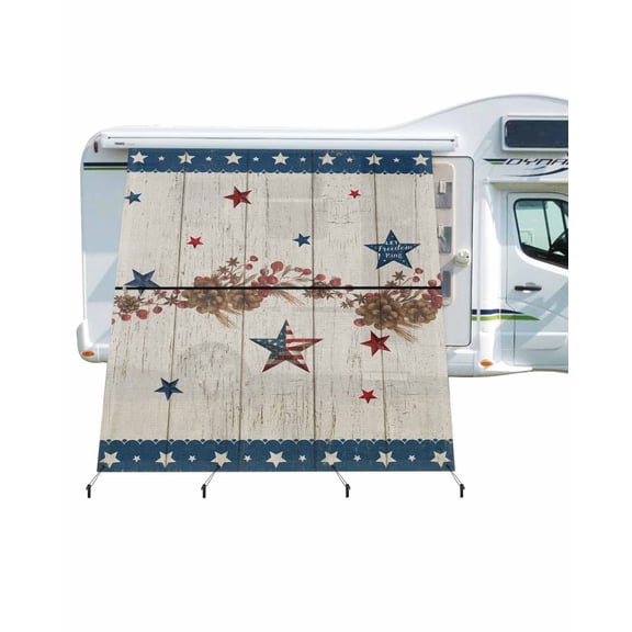 4th of July RV Awning Sun Shade Screen 9'X7' Patriotic Stars USA Flag Mesh Sunscreen Berry Rustic Wood Grain Awning Shade Screen with Zipper UV Blocker Completed Kits for RV Motorhome Camper
