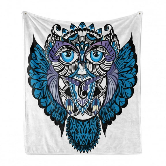 Tribal Soft Flannel Fleece Throw Blanket, Owl Bird Animal Paisley Tattoo Design Big Blue Eyes Lashes Print, Cozy Plush for Indoor and Outdoor Use, 60" x 80", Navy Blue and Purple, by Ambesonne