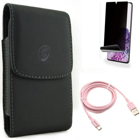 6ft USB-C Cable w Case Belt Clip w Privacy Screen Protector for Samsung Galaxy S20 Plus - Pink Charger Cord Power, Leather Holster Cover, TPU Film [NOT GLASS] [Fingerprint Works] fits Galaxy S20 Plus