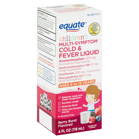 Equate Children's Berry Burst Flavored Multi-Symptom Cold & Fever Liquid, Ages 6-12 Years, 4 fl