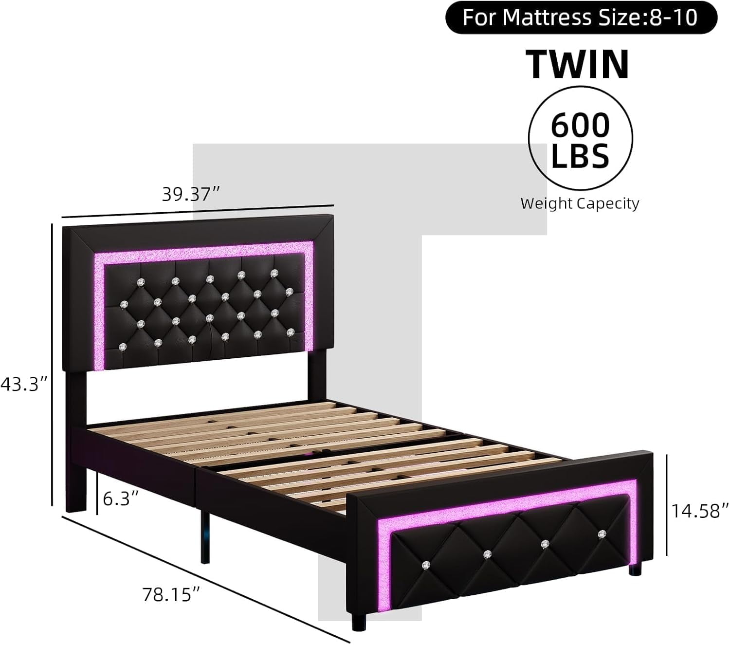 4 EVER WINNER Twin Size LED Bed Frame with Headboard，Upholstered Platform Bed Frame with LED Lights，Diamond Tufted Headboard and Footboard，Black