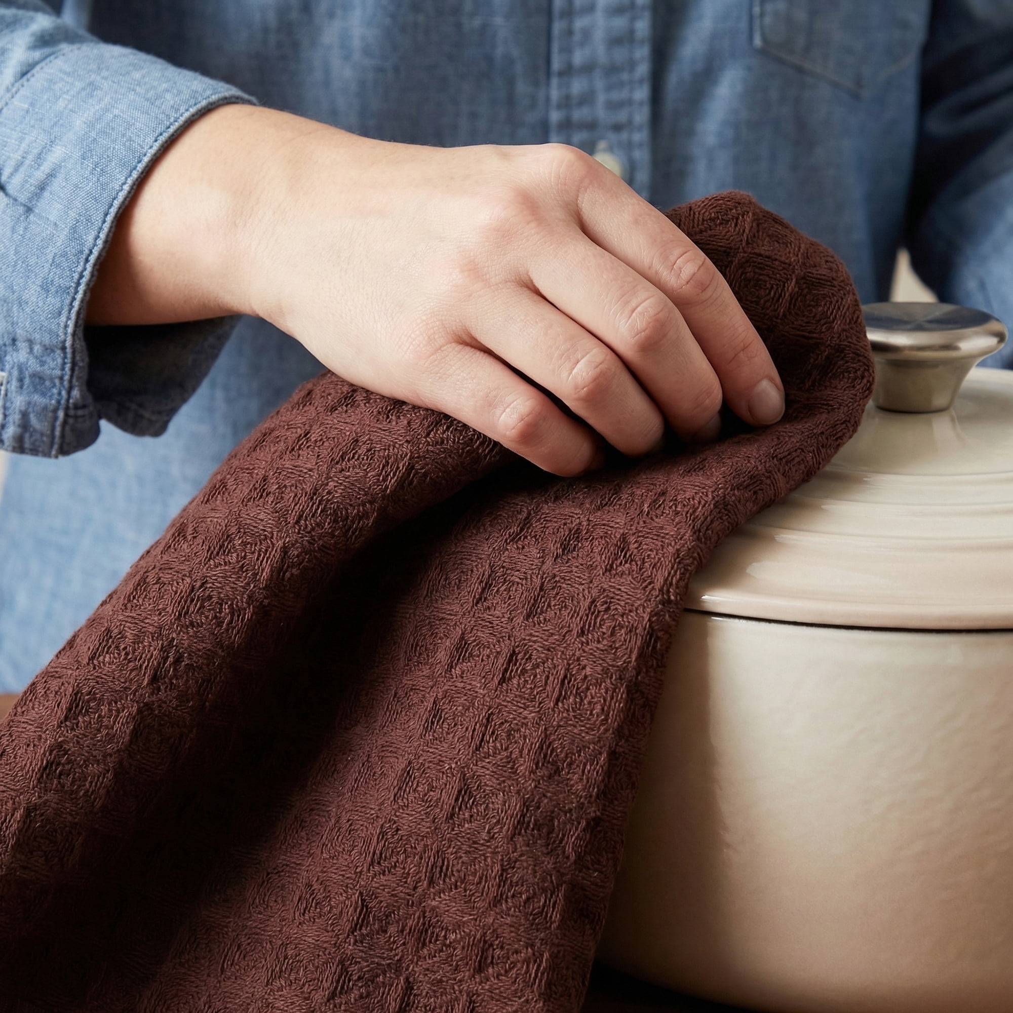 Unique Bargains 4 Pack 100% Cotton Waffle Weave Solid color Kitchen Towels Brown 12" x 12"