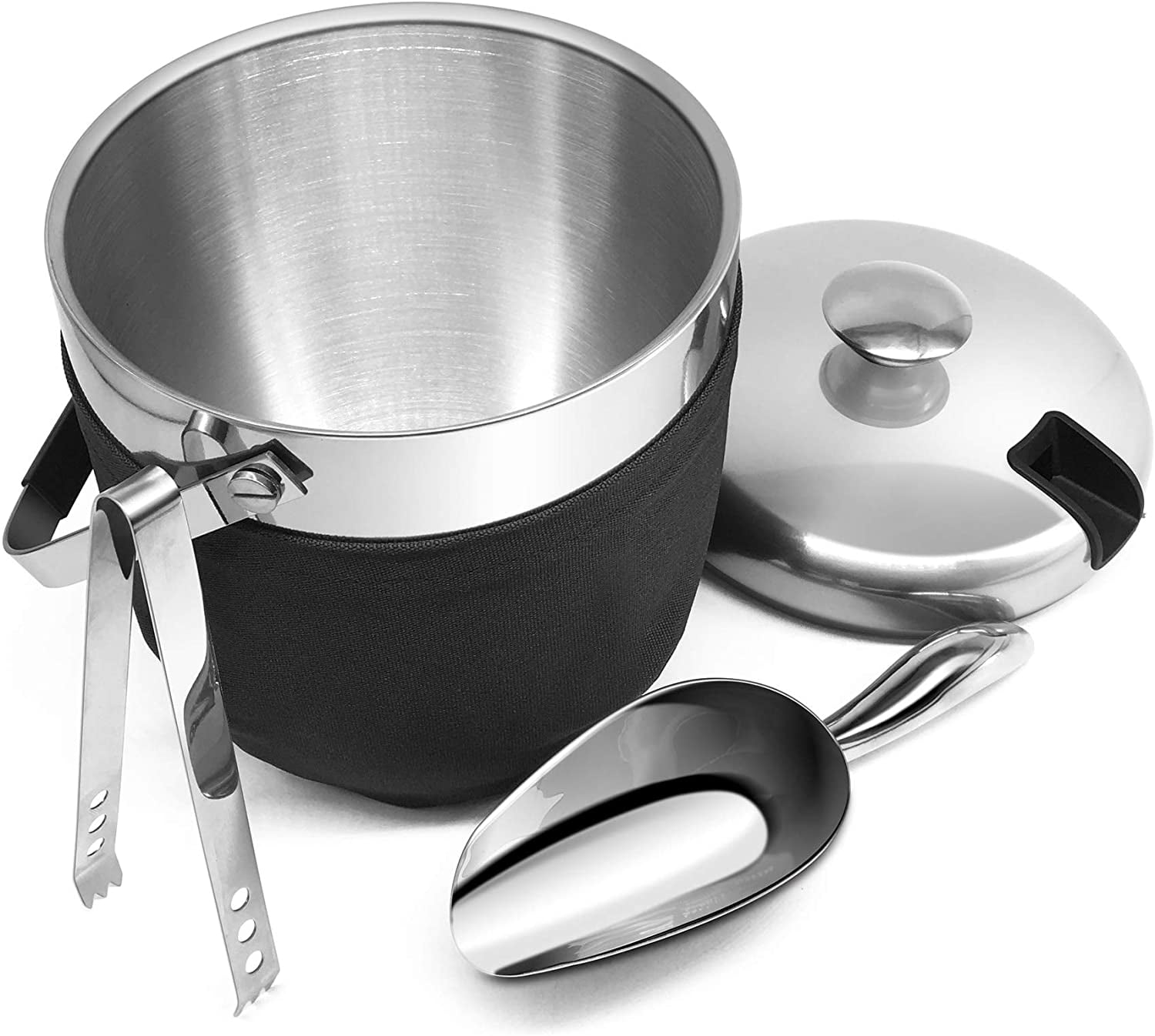 Stainless Steel Double Wall Insulated Silver 2.8 L with Lid & Tongs & Slotted Strainer & Silicone Handle Pad Ice Bucket for Cocktail Bar