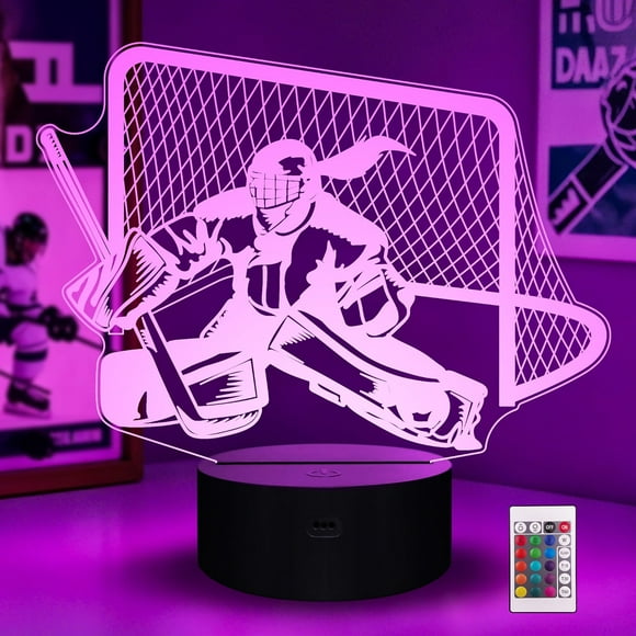 czcpp-Ice Hockey Goalie 3D Night Lights for Girls, LED 16 Colors Remote Control Changing Touch Dimmable Table Desk Lamp, Hockey Gifts for Female Goalie Sports Hockey Fans