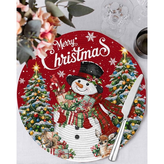 13 Inch Round Placemats Set of 4, Red Christmas Snowman Non Slip Heat Insulation PP Table Mats, Xmas Tree Snowflake Botanical Washable Place Mats for Kitchen Dining Party Table Decor
