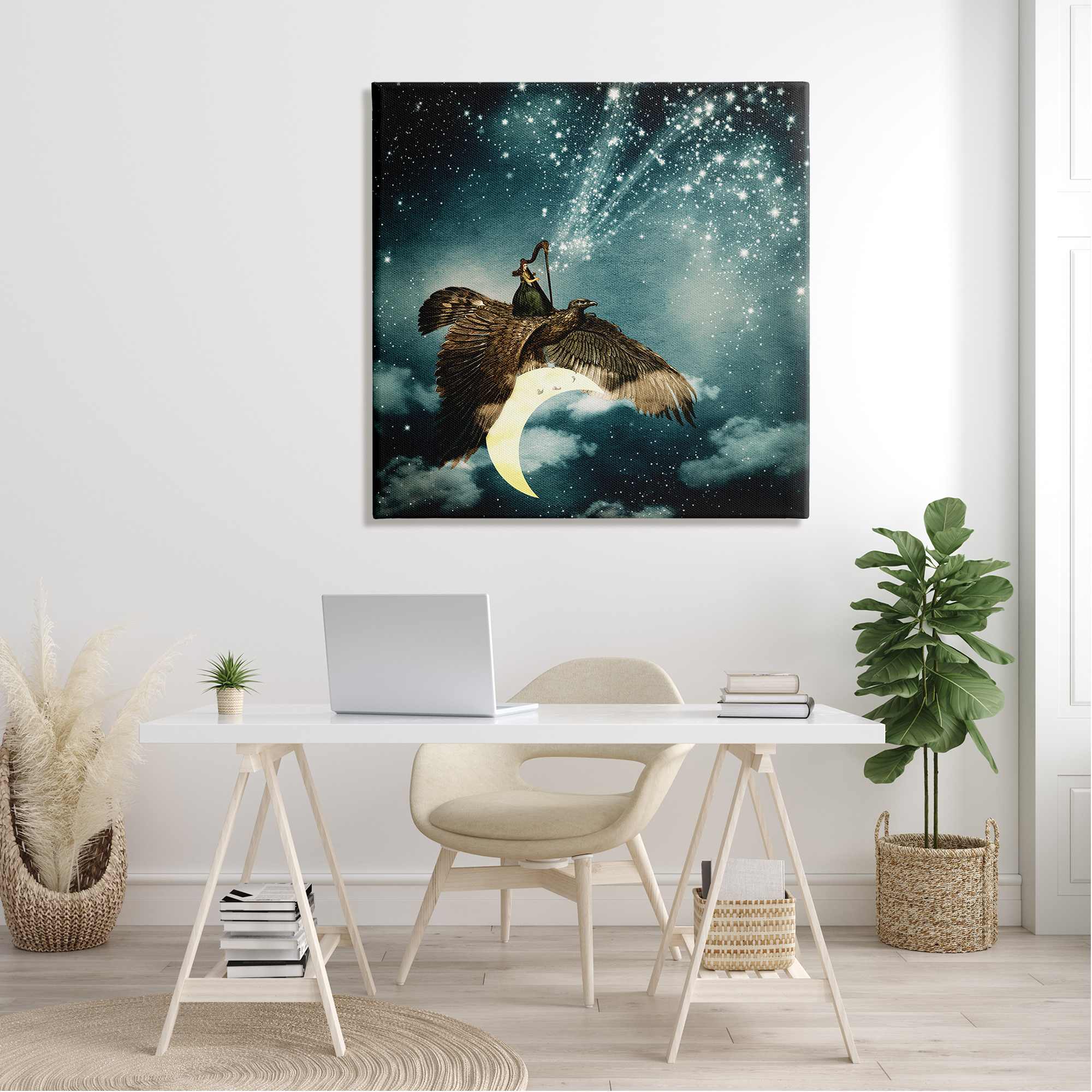 Stupell Industries Dreamy Surreal Bird Flying Moon Harp Galaxy Stars Canvas Wall Art, 36 x 36, Design by Paula Belle Flores
