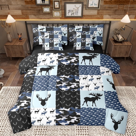 Homewish Jungle Wildlife Deer 7-Piece Twin Bedding Sets,Rustic Camo Camouflage Bedding Comforter Set,Patchwork Geometric Checkered Sheet Sets For Boy,Breathable Home Decor Reversible