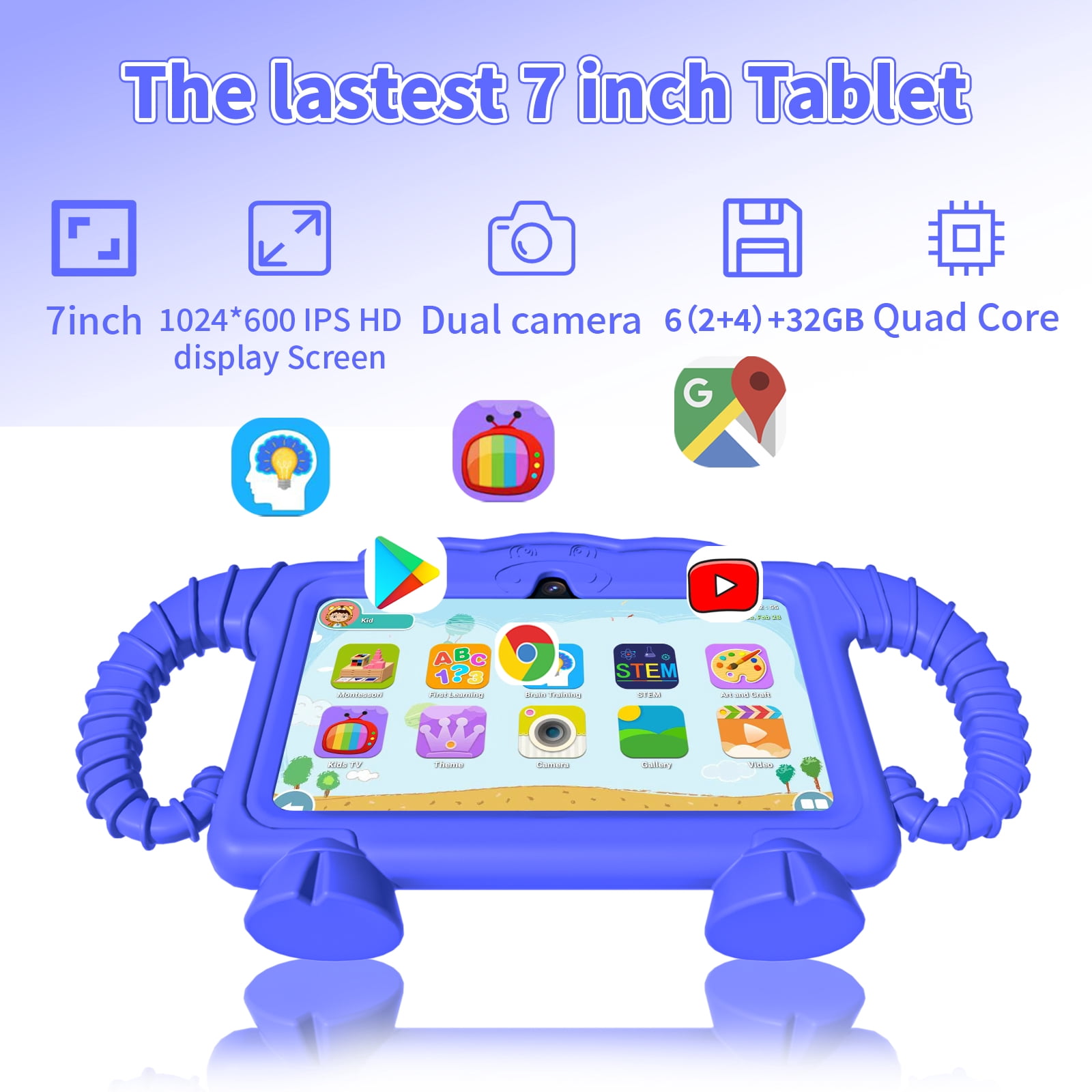 Kids Tablet, 7 inch Android Tablet for Kids, 6GB RAM 32GB ROM Quad-Core Toddler Tablet with Shockproof Case, Bluetooth, WiFi, Parental Control, 2MP+2MP Dual Camera, GPS, Games